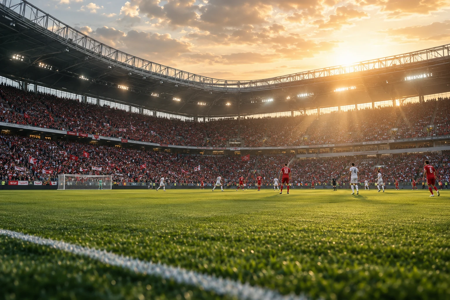 Fußballspiel in einem vollen Stadion im goldenen Abendlicht